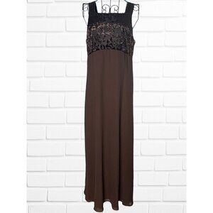 Vintage‎ Rhapsody Size 8 Square Neck Semi Formal Brown Maxi Dress Lace Bodice